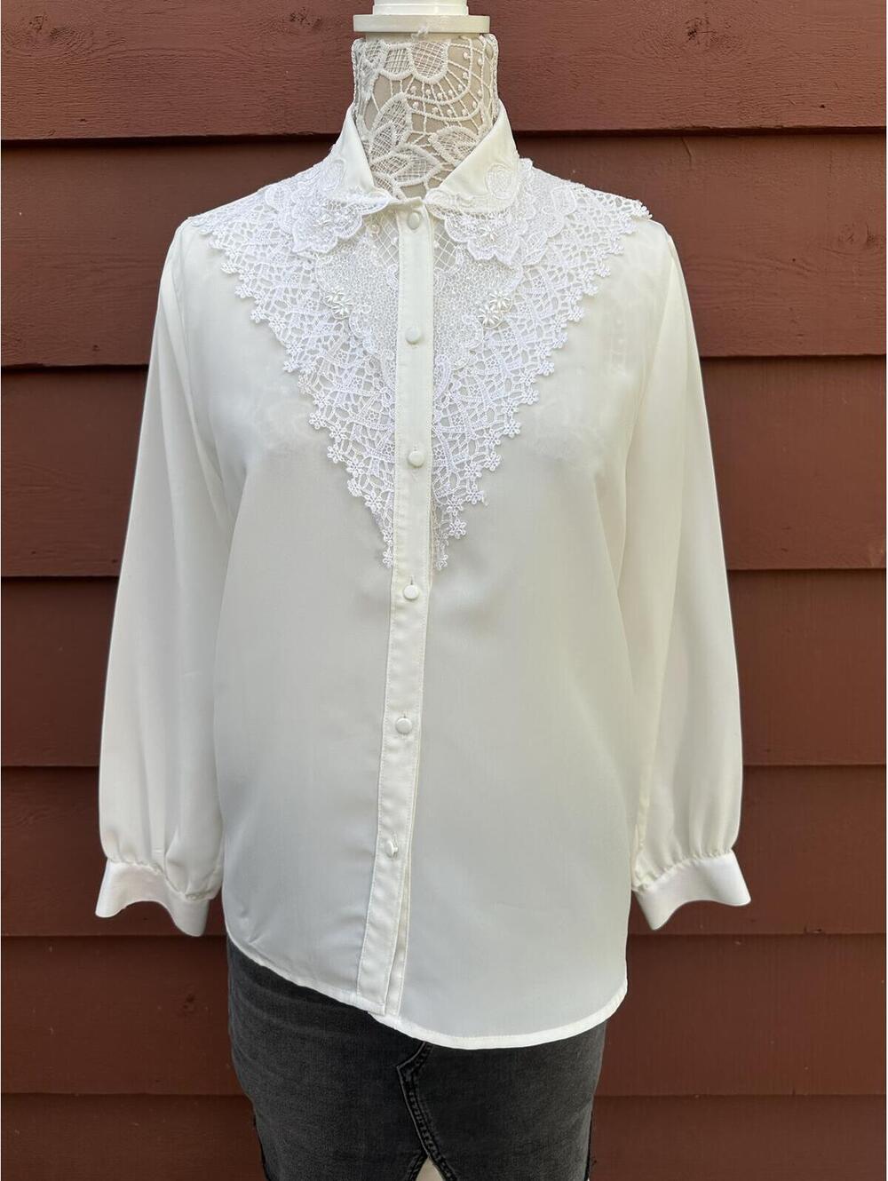 Kathy Che Vintage White Lace Button Up Blouse Feminine Formal Shirt Whimsigoth